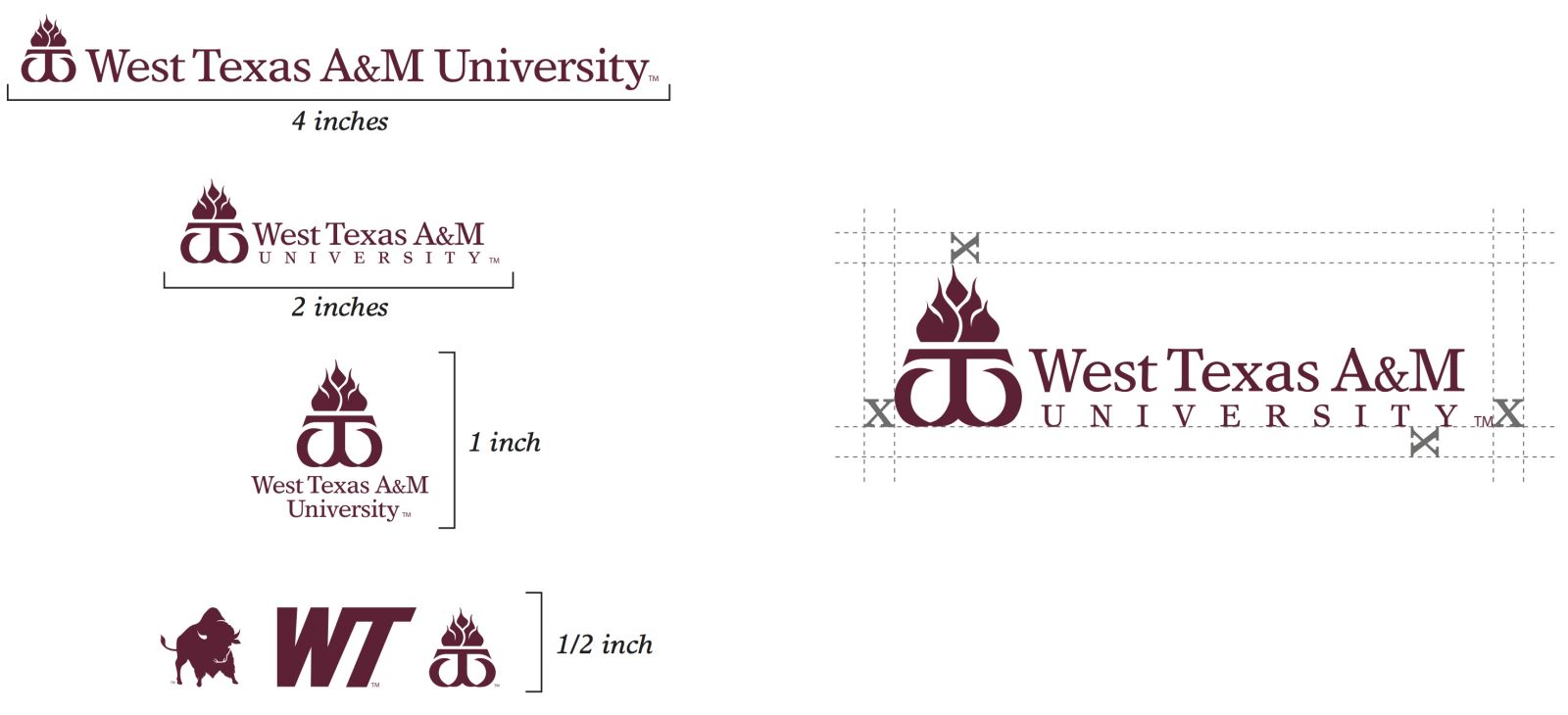 Minimum size applications for University logos are 4-inch width for the horizontal logo, 2-inch width for the stacked logo and 1-inch height for the vertical logo.